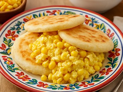 Arepas with Scrambled Eggs and Choclo (Sweet Corn)
