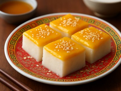 Chinese Honey Sesame Pudding with Mango Purée