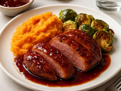 Chipotle Honey Glazed Duck with Sweet Potato Mash and Roasted Brussels Sprouts