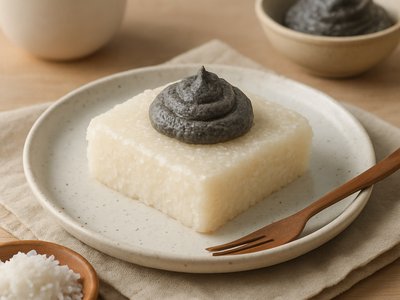 Coconut Mochi Cake with Black Sesame Cream