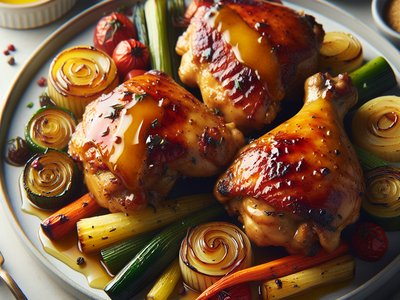 Maple-Balsamic Glazed Chicken with Roasted Sweet Potatoes and Brussels Sprouts