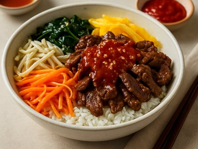 Korean Beef Bibimbap with Spicy Gochujang Sauce