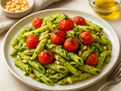 Pesto Pasta with Roasted Cherry Tomatoes