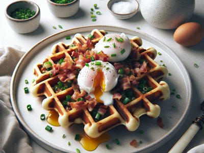 Loaded Savory Breakfast Waffles with Poached Eggs