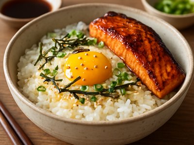 Savory Japanese Breakfast Bowl (Tamago Gohan with Grilled Miso Salmon)