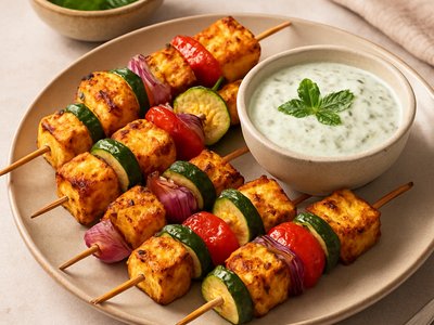 Spiced Paneer and Vegetable Skewers with Mint Yogurt Dip
